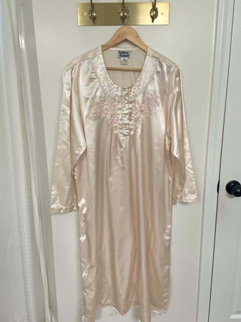Vintage Anthony Richards Satin Nightgown XL Blush Pink Floral Lace Grannycore